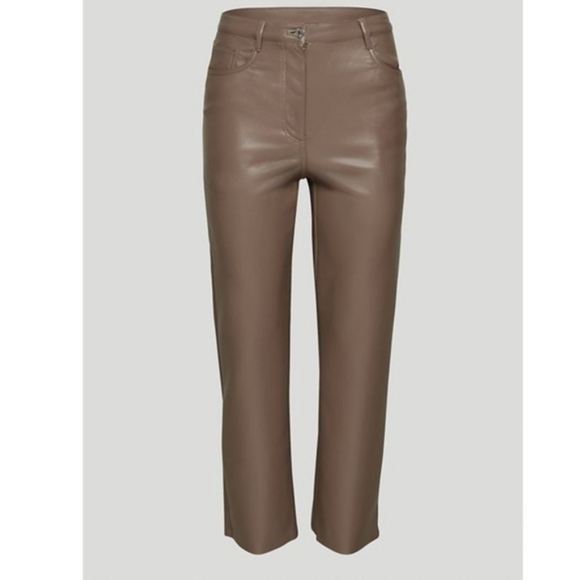NWOT Aritzia Wilfred Melina Vegan Leather Pants Dark Taupe Short Version Size 2 - Picture 3 of 4